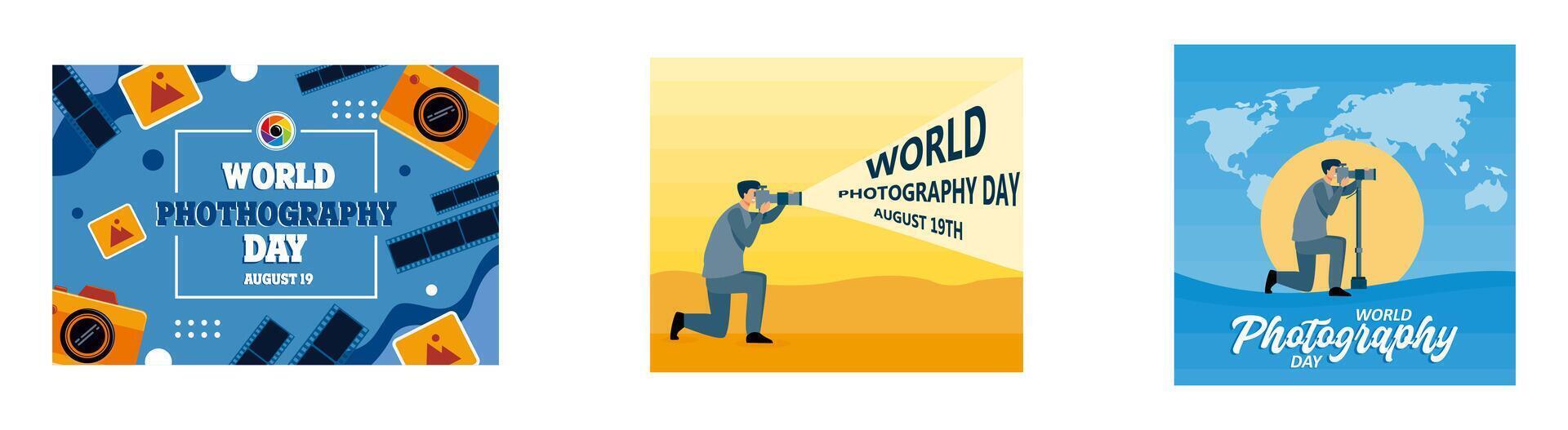 Capturing moments and creating lasting memories. World Photography day 19 August. Photographer taking photo. Set flat modern illustration vector