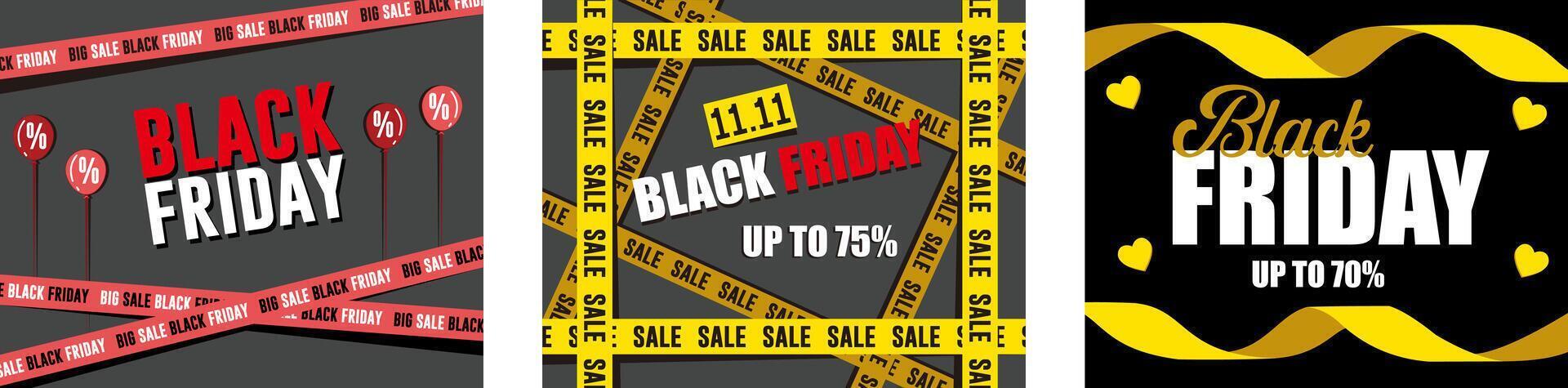 Ribbon for black friday sale on black background. On sale on Black Friday. Black Friday banner suitable for retail. Set flat modern illustration vector