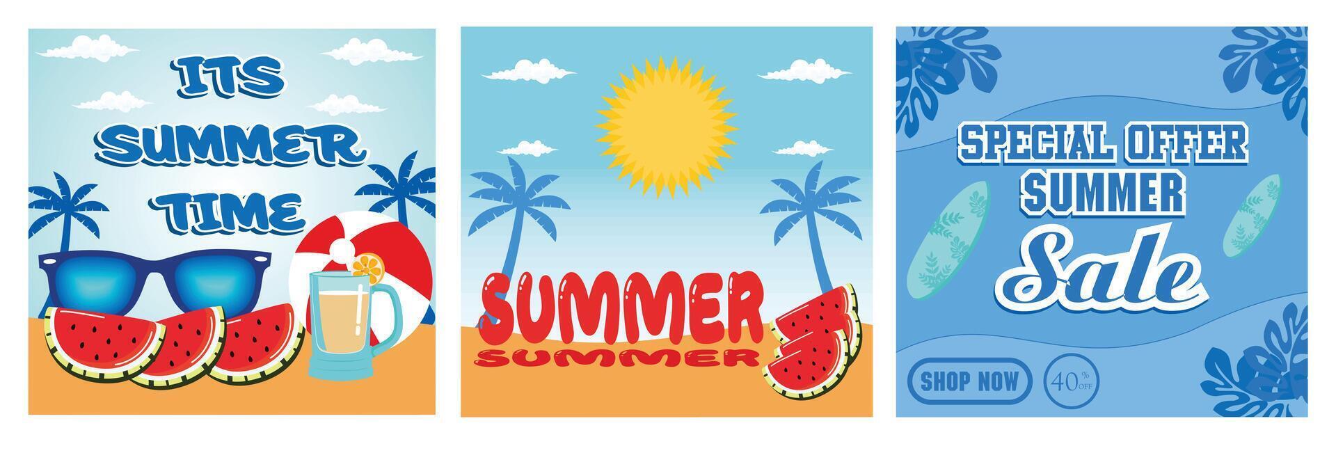 Summer time for text and colorful beach elements. Summer text on beach island with summer elements. Creative summer sale banner with bright colors. Set flat modern illustration vector