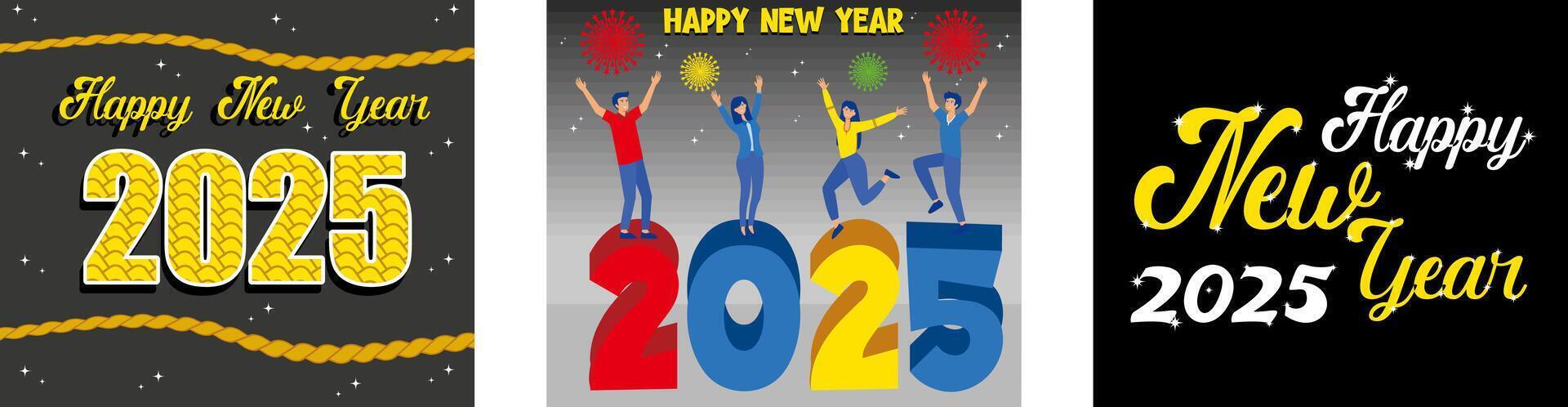 New Year card for the year of the snake 2025. Happy people across the New Year in 2025. Handwritten calligraphy Happy New Year. Set flat modern illustration vector
