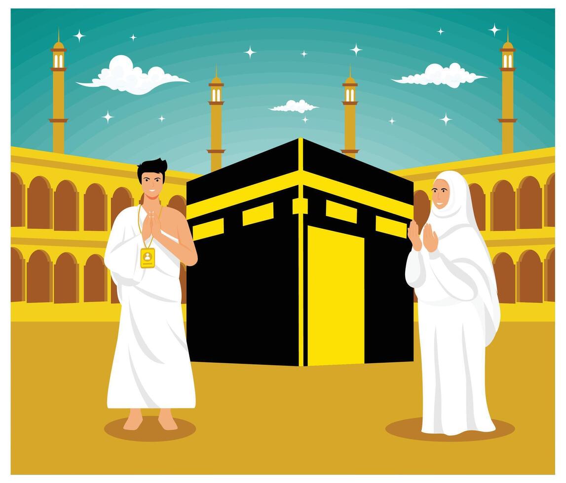 Muslim man and woman praying in front of Kaaba. flat modern illustration vector