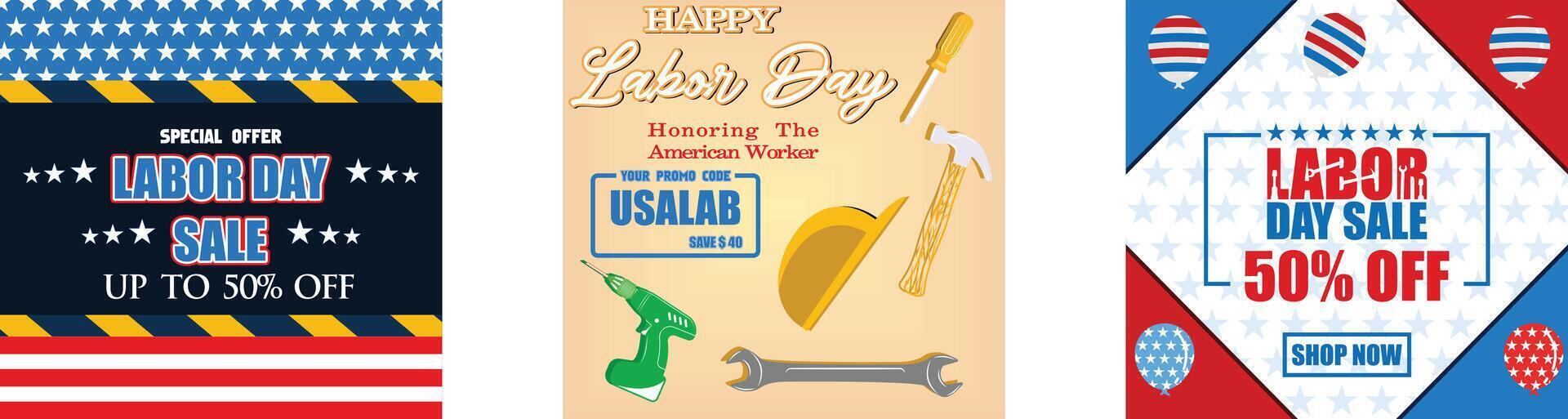 Happy Labor Day. Elegant Labor Day Voucher Design. Sales promotion advertising banner template for US Labor Day Brochure. Set flat modern illustration vector