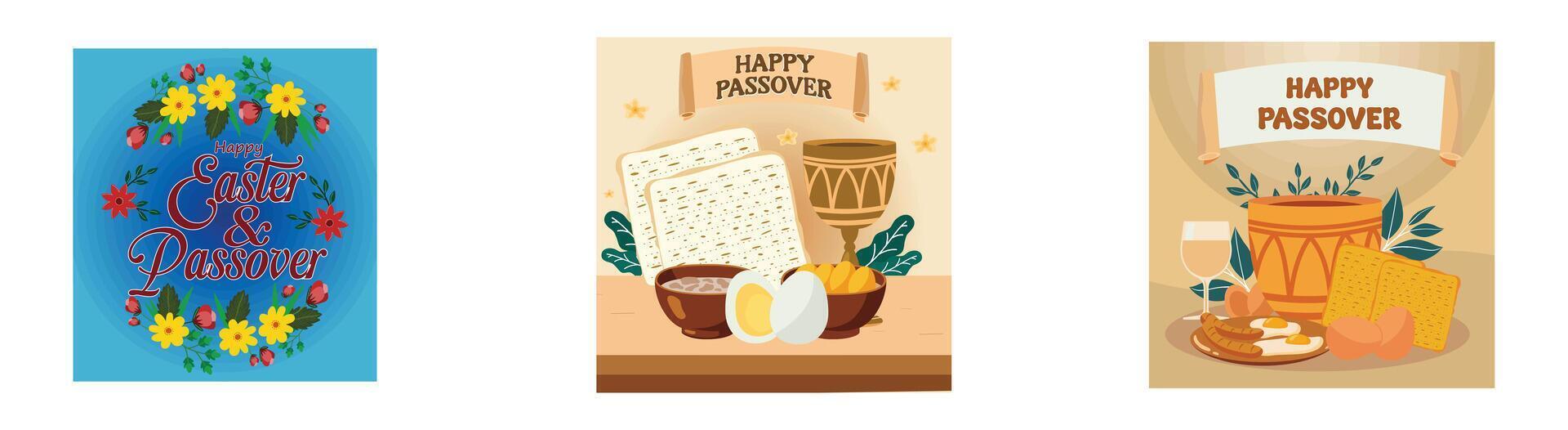 Happy Passover and Passover. A traditional matzot, Easter egg. A flat illustration of traditional matzot, eggs and goblets for Easter. Set flat modern illustration vector