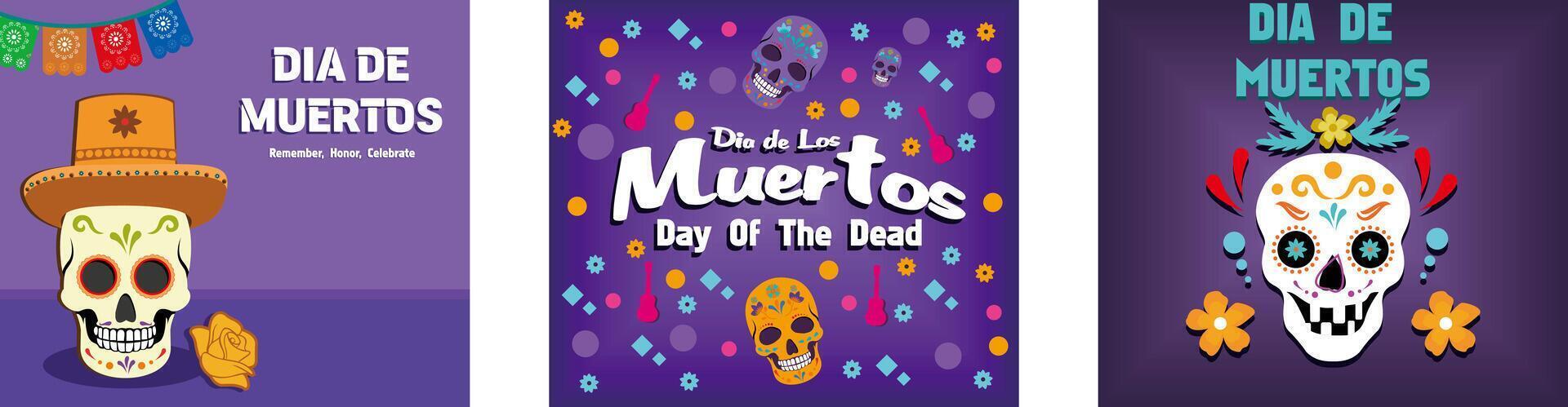 Day of the Dead Banner. Inscription Day of the Dead in Spanish. Dia de los muertos poster. Set flat modern illustration vector