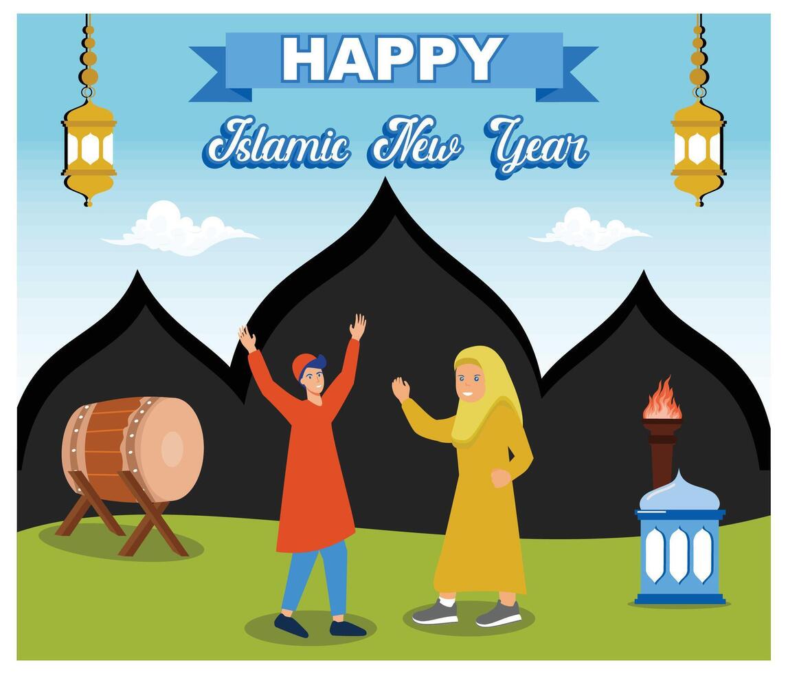 Happy Muharram Celebrating Islamic New Year with Mosque, Moon and Lantern Concept. flat modern illustration vector