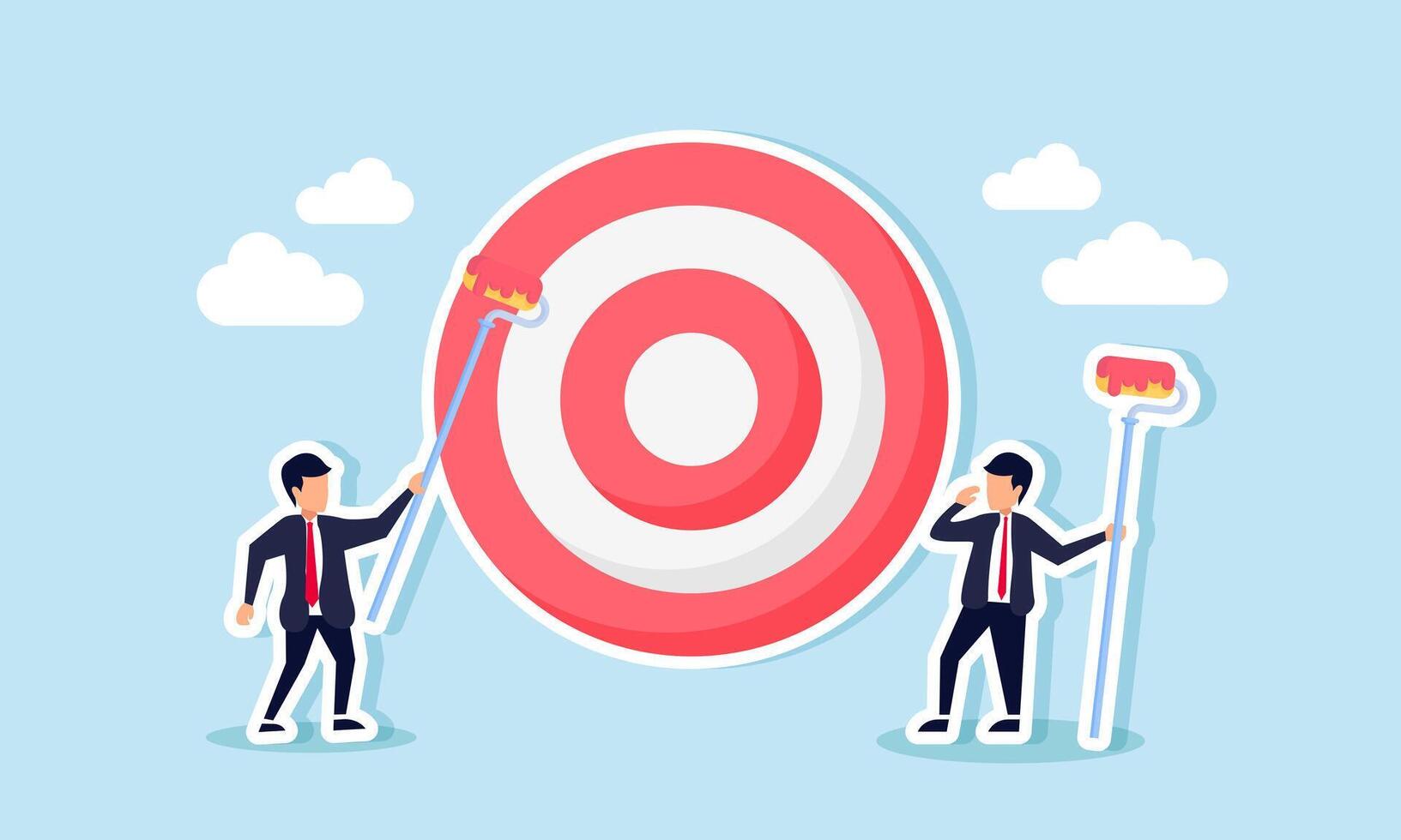 Two businessmen hold paintbrushes, coloring or updating a target board, illustrating evaluation and upgrades of business targets to maintain good performance vector