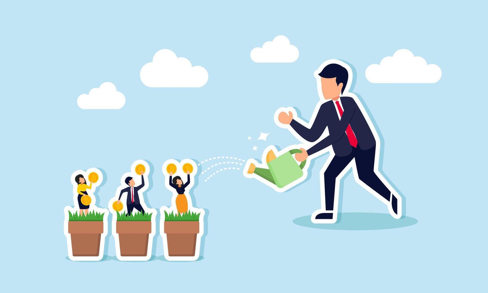 A businessman waters several pots containing businessmen holding bitcoin, illustrating maintenance and upgrading of productive human resources to enhance bitcoin investment vector