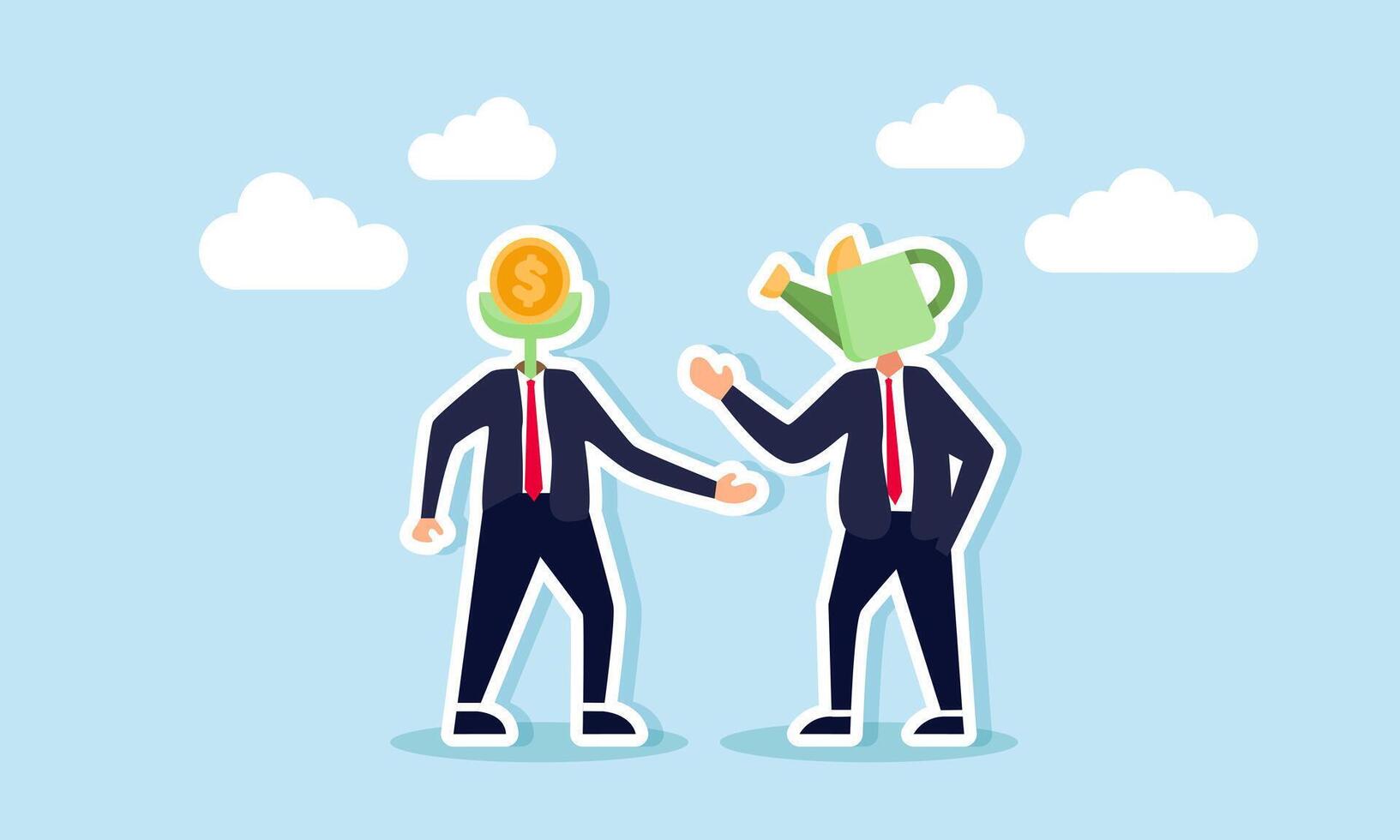 Two businessmen, one with a dollar coin plant head and the other with a watering can head, are talking, illustrating a discussion on investment strategy and businesses opportunities vector