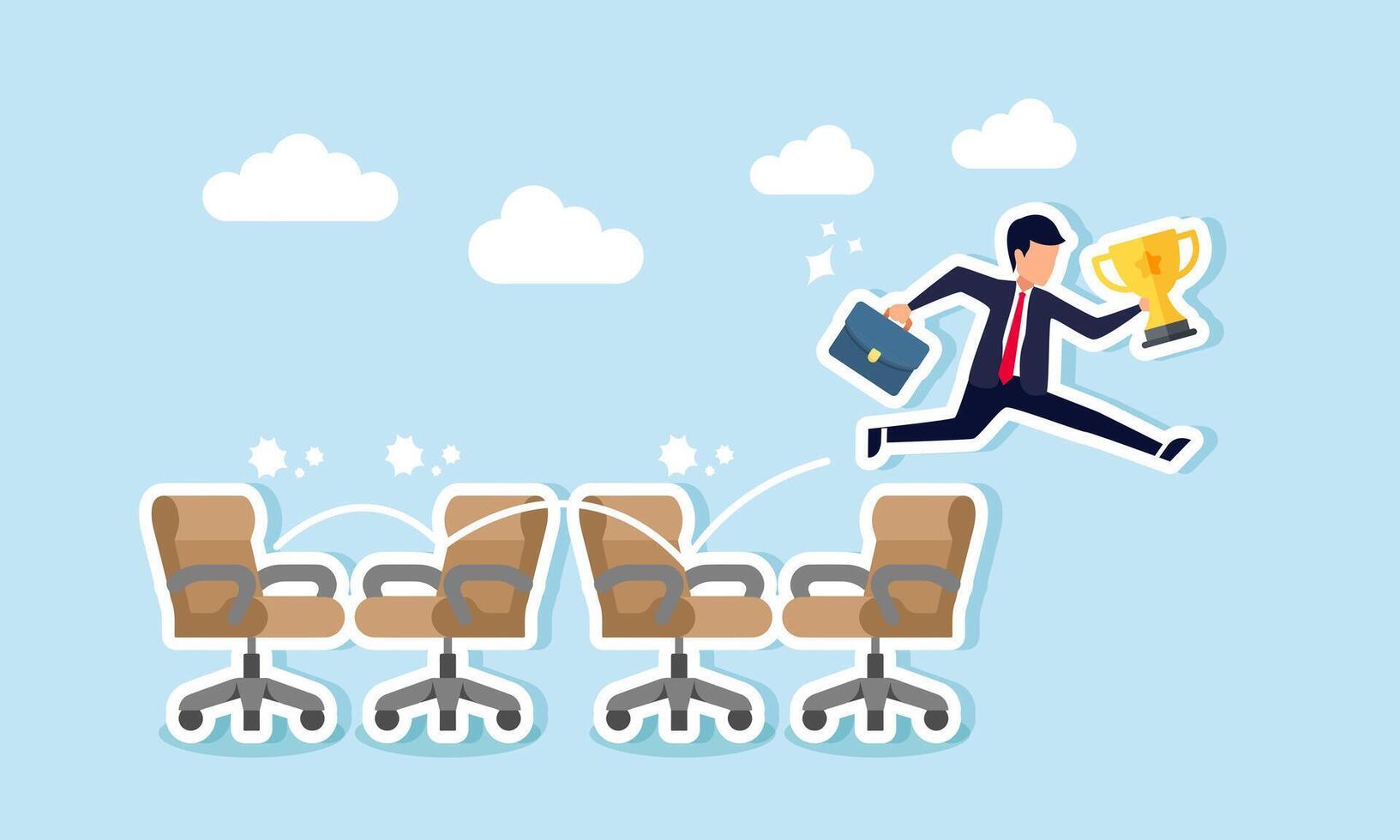 A businessman is jumping over a series of office chairs while holding a trophy, illustrating a step-by-step process in building the best business in his field vector