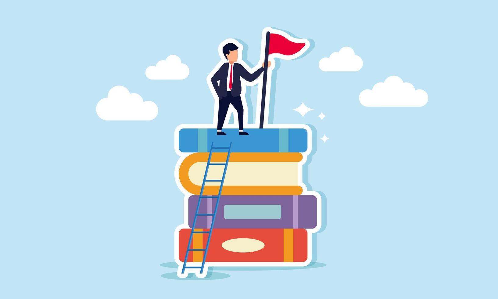 A businessman standing on a stack of books with a ladder, holding a red flag, illustration of being the best employee by completing project reports quickly and accurately vector