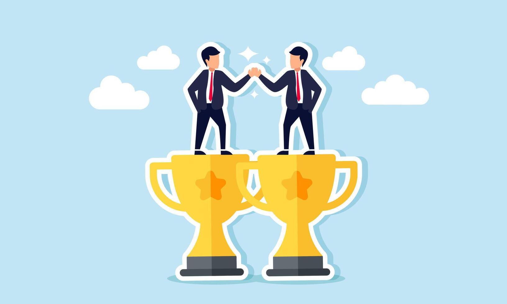 Two businessmen shaking hands on top of two trophies, illustration of partnership agreement between partners to become the top business vector