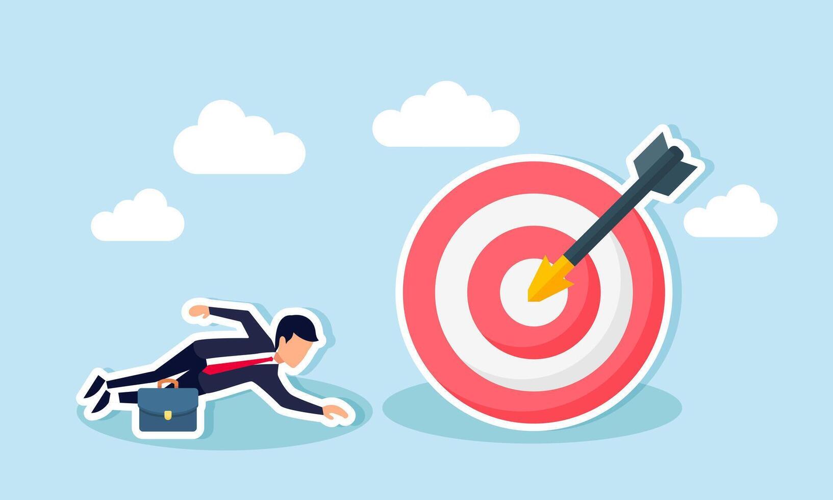 A businessman struggles, even crawling, to reach the target board, illustration of working hard to achieve company business goals vector