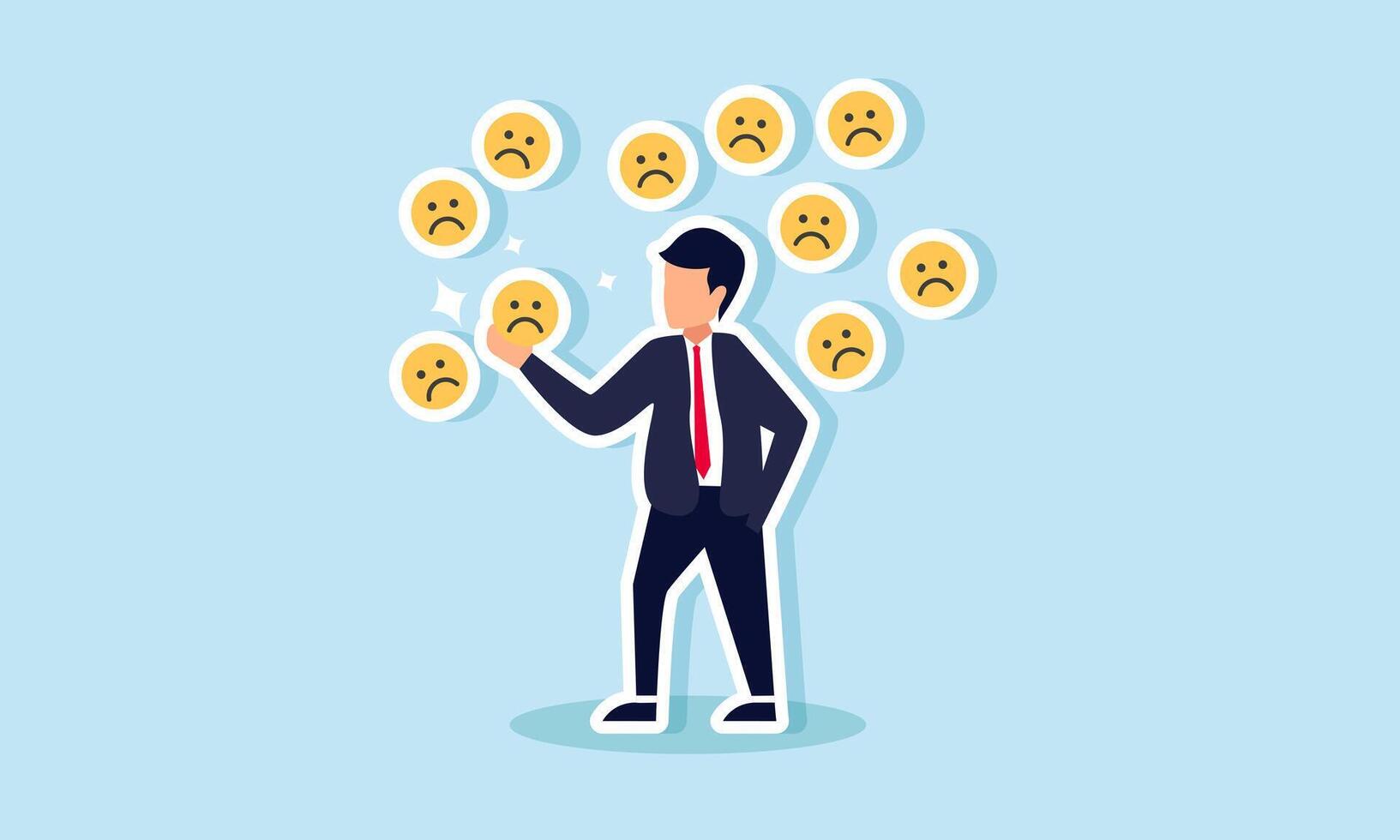 A businessman surrounded by sad emoticons, holding one of them, illustration of awareness regarding negative market attention on the business vector