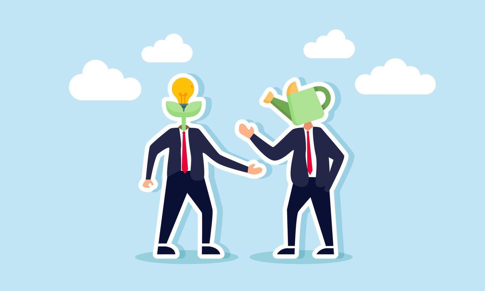 Two businessmen, one with a lightbulb plant head and the other with a watering can head, are talking, illustrating sharing and brainstorming to generate new business ideas and innovations vector