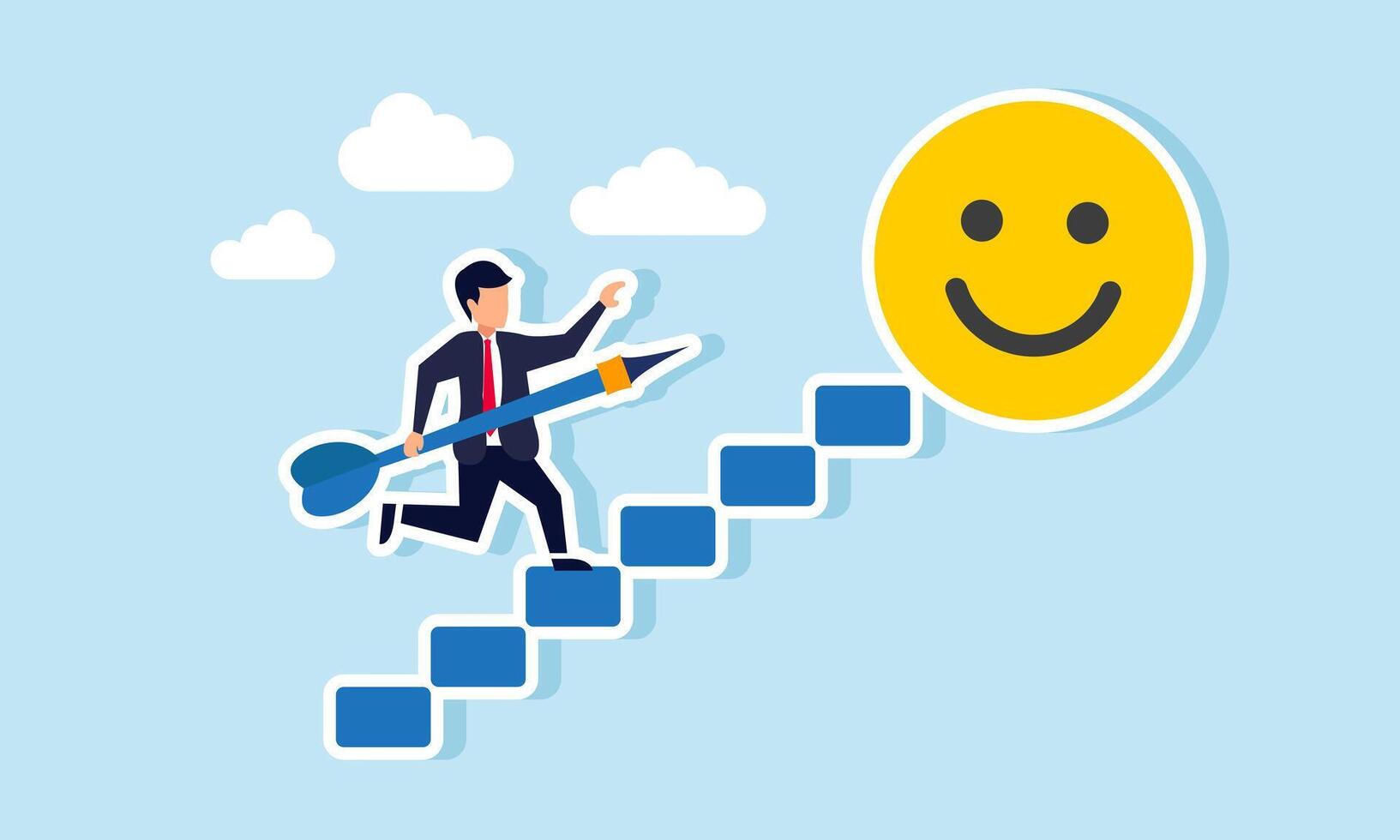 A businessman carrying a needle arrow climbing stairs to target a happy emoticon, illustration of effort to focus on gaining market attention and engagement vector