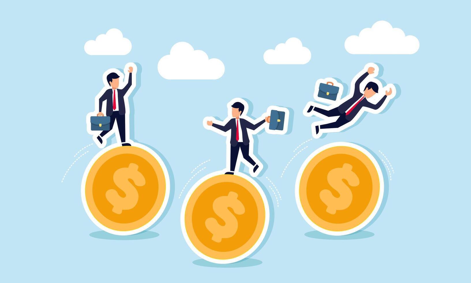 Businesspeople balancing on dollar coins, some slipping, illustration of efforts to maintain financial stability in investments to avoid losses vector