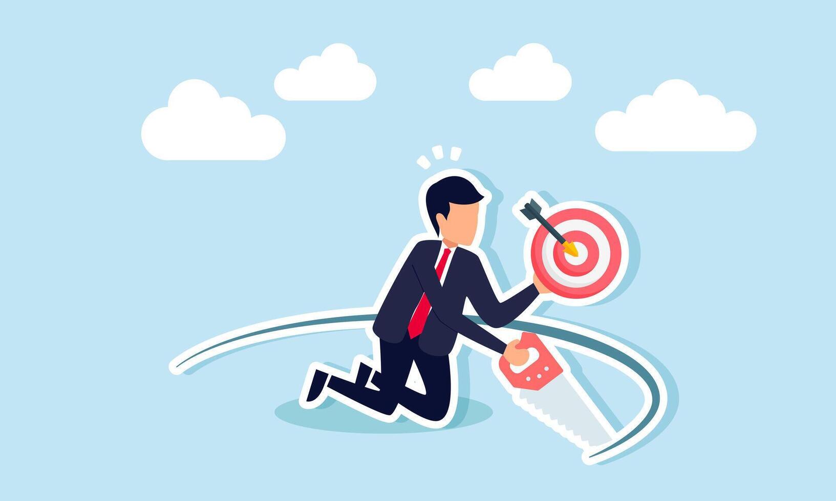 A businessman is cutting through a board with a saw while holding a target board in the other hand, illustrating the business risks taken to achieve business goals vector