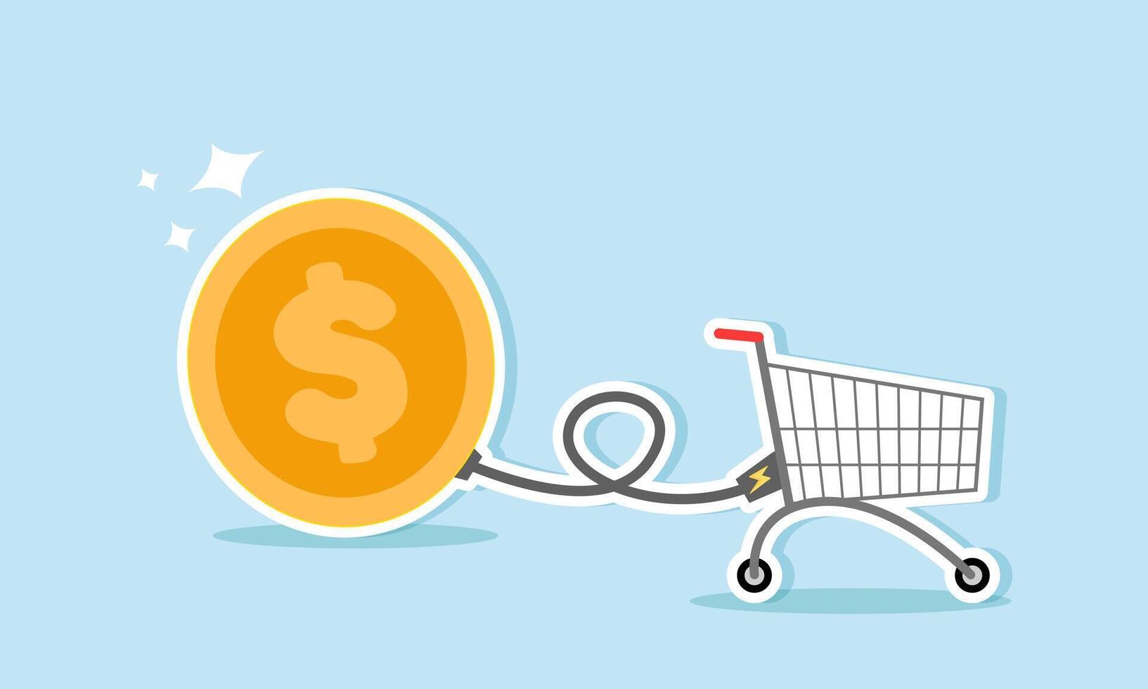 A shopping basket is connected by power cables from dollar coins, illustrating how stable capital and finances can be a key factor for stress-free business shopping vector