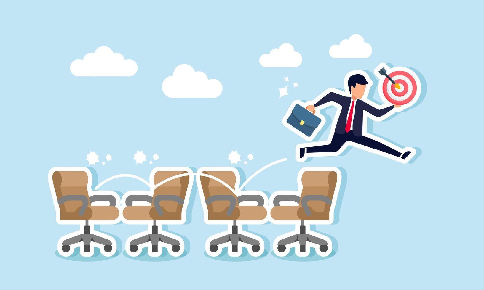 A businessman is jumping over a series of office chairs while holding a target board, illustrating a step-by-step approach to achieving business goals for improvement and growth vector