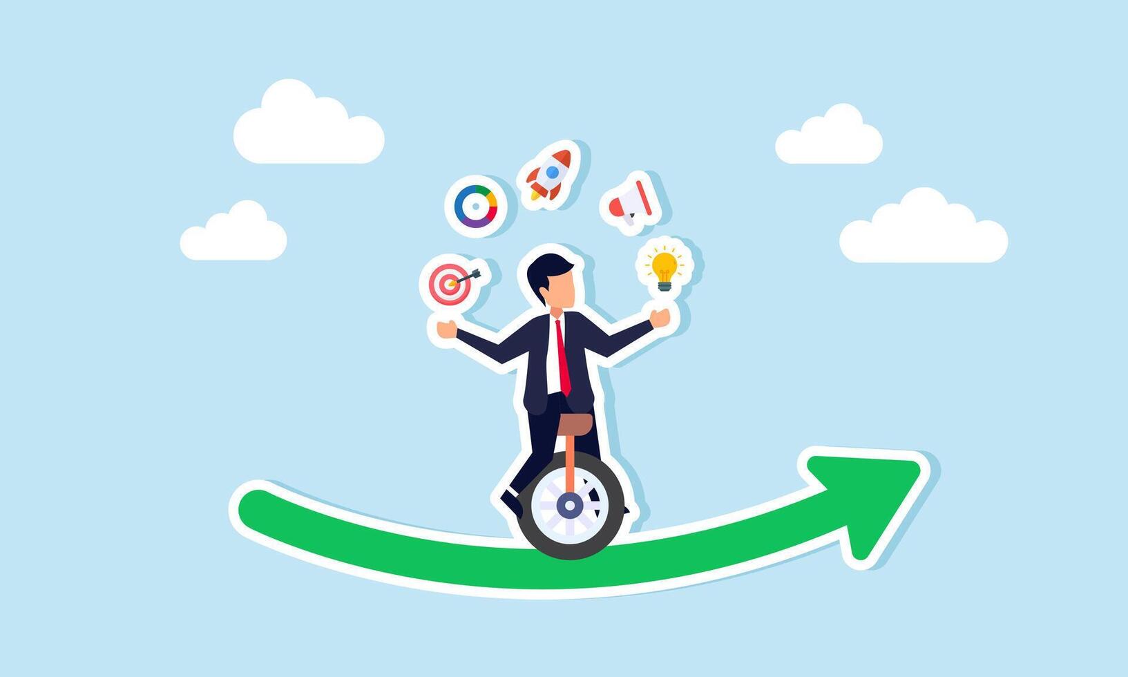 A businessman riding a unicycle on an upward green curve graph, juggling marketing management items, illustration of maintaining market share stability vector