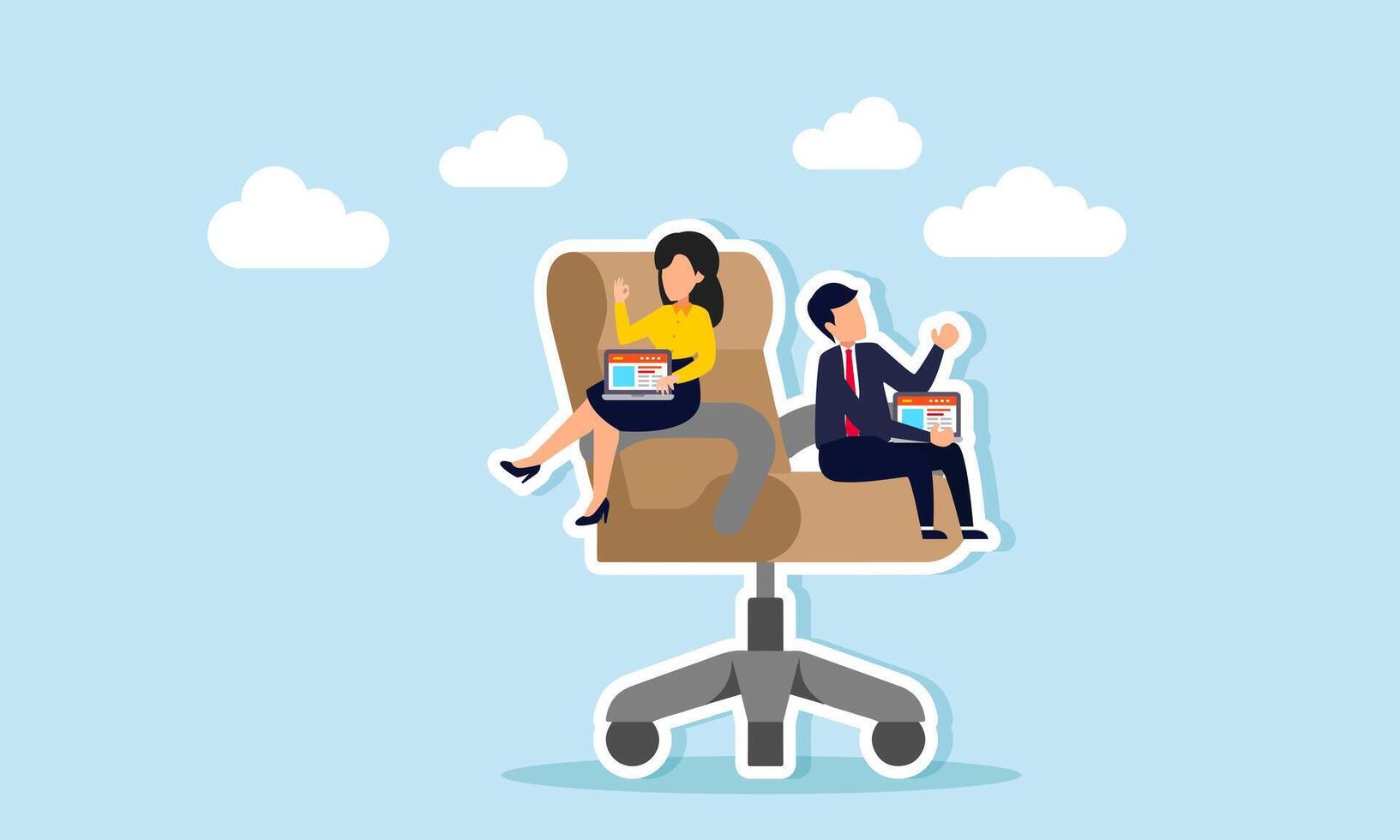 A businessman and businesswoman are sitting on office chairs while each holding a laptop, illustrating analysis and evaluation of company performance to improve and grow vector