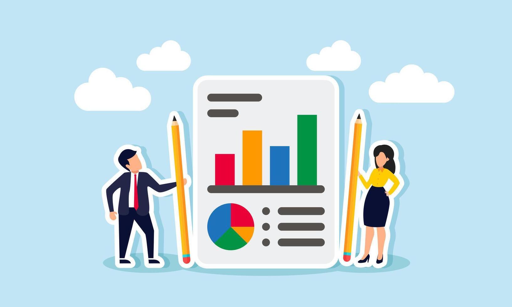 A businessman and businesswoman standing next to a report of statistical data, illustration of compiling evaluation reports and monitoring team business performance vector