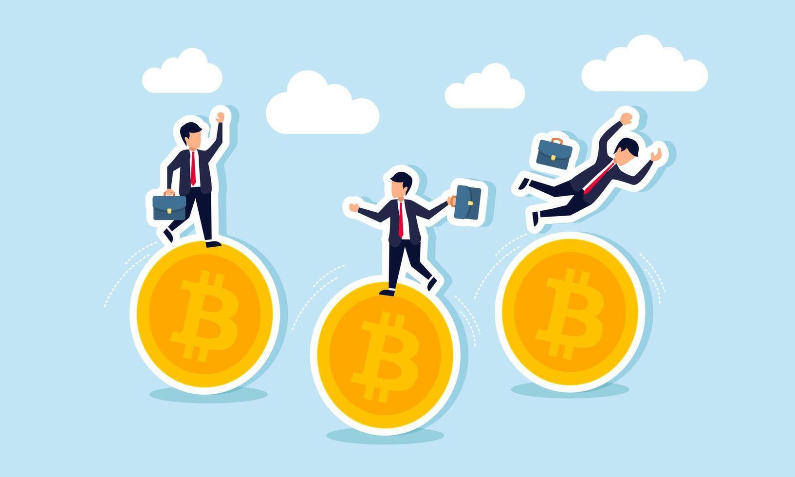 Businesspeople balancing on Bitcoin, some slipping, illustration of efforts to maintain financial stability in Bitcoin investments to avoid losses vector