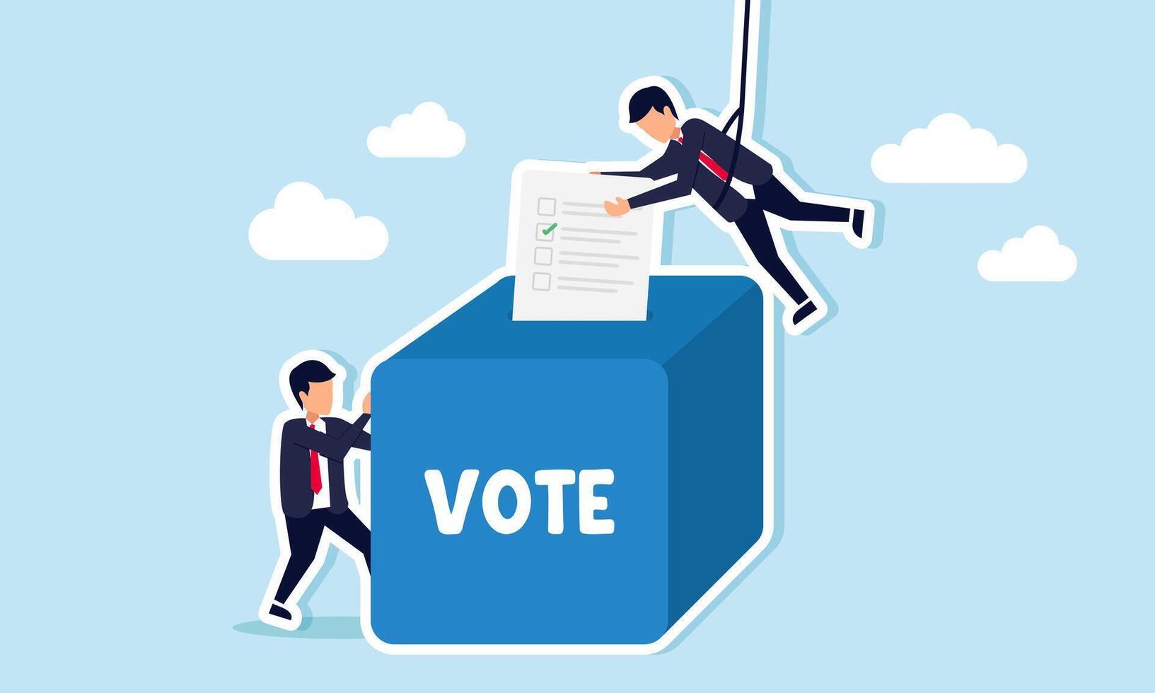 A businessman holding a ballot box while another hangs inserting a vote paper into it, illustration of teamwork in securing ballots for fairness vector