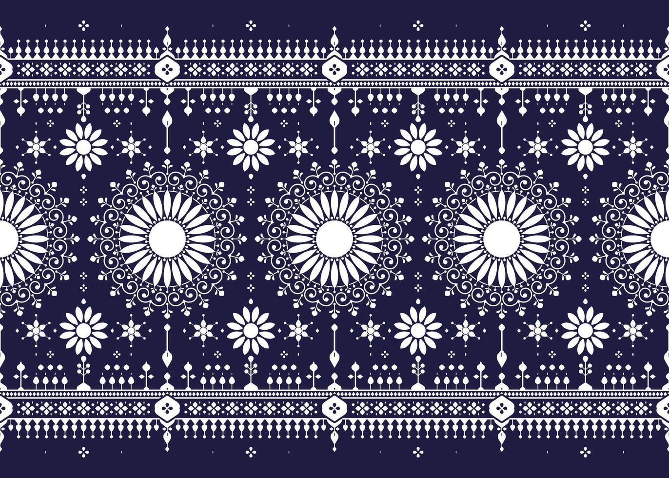white geometric and mandalas ethnic fabric seamless pattern on dark blue background, design for cloth, carpet, batik, wallpaper, wrapping etc. vector