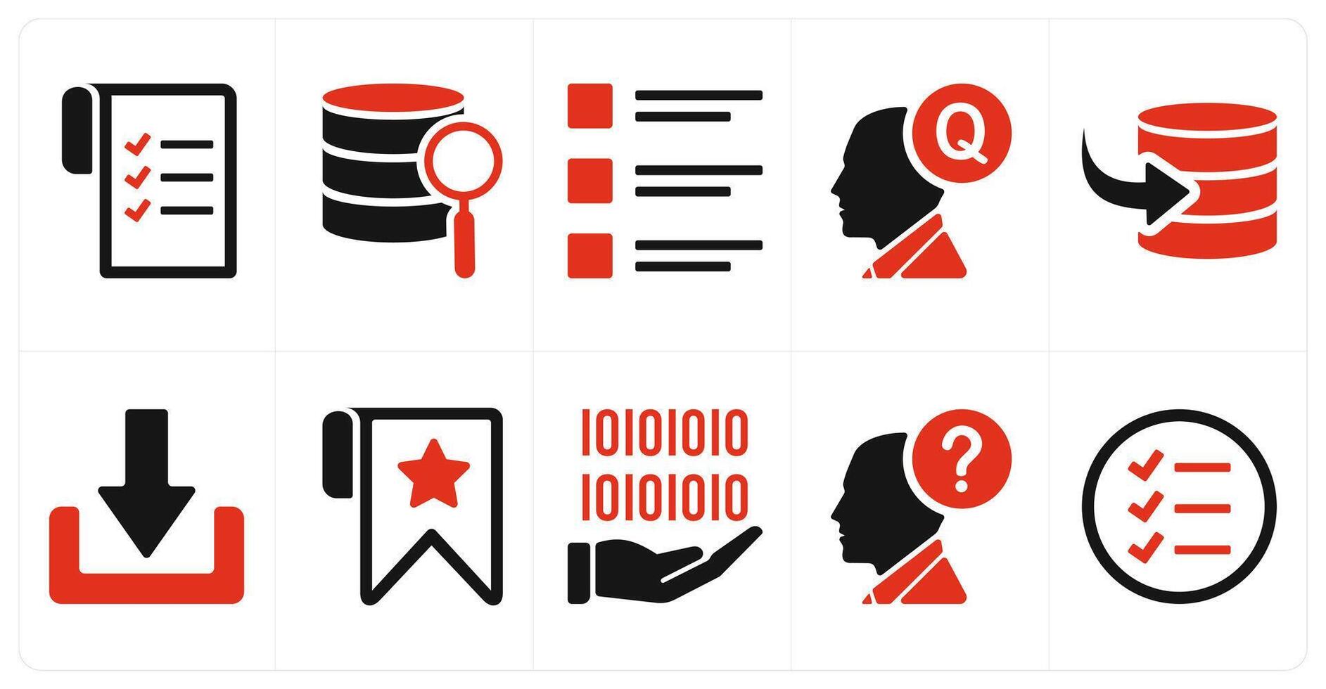 A set of 10 mix icons as data, search, list, question vector