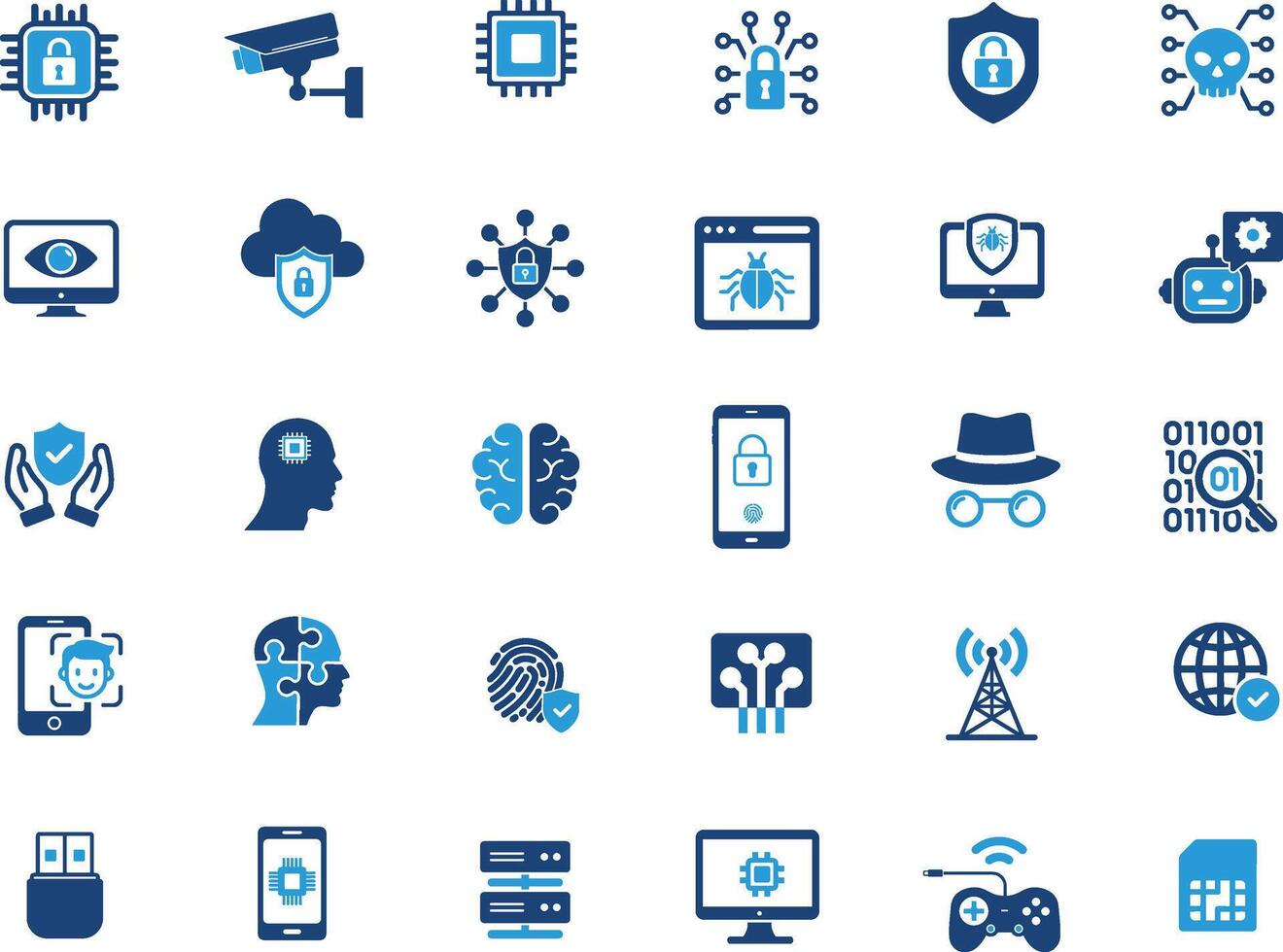 A set of 28 Cybersecurity Technology Icons Digital Protection Security. measures, including locks, shields, brains, network connections, security cameras vector