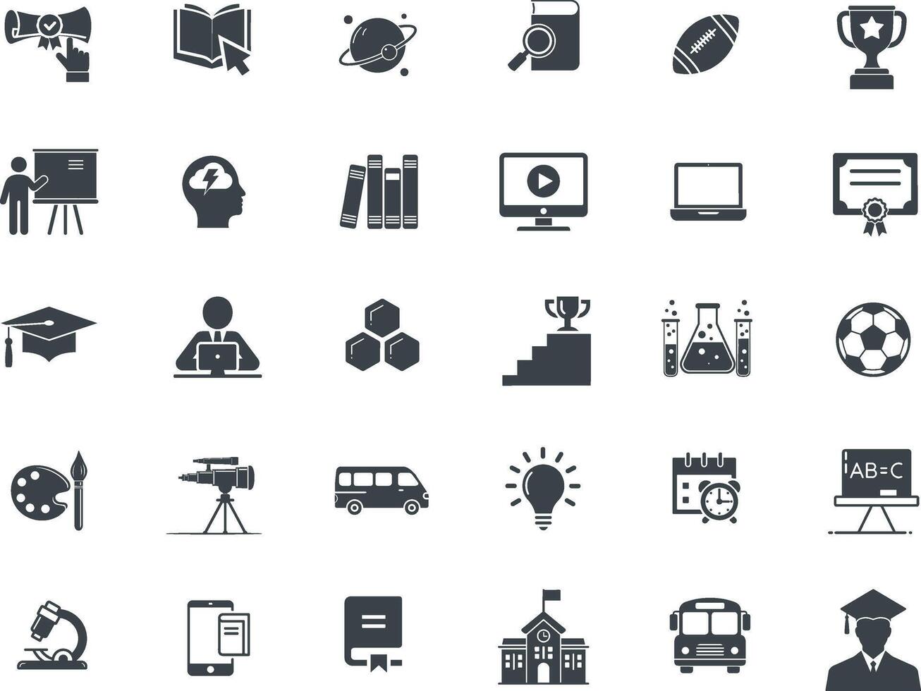 A collection of 30 black and white education icons depicting various aspects of education, including graduation, learning, school, and knowledge. vector