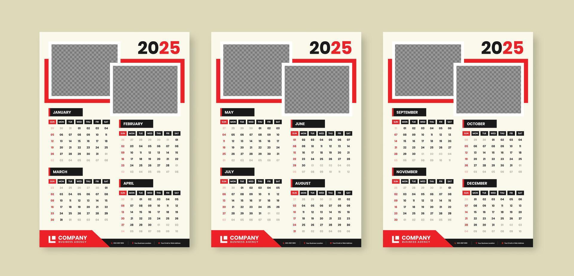 Modern abstract vertical 3 pages wall calendar template for 2025 with accurate date format and two cover photo placeholder vector