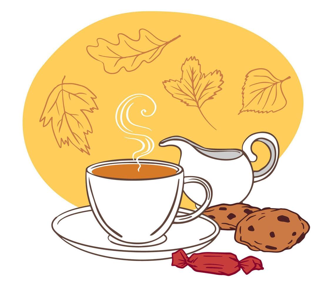 cup of steaming tea, chocolate chip cookies, a creamer, and wrapped red candy make cozy, inviting atmosphere for autumn poster, banner, card design vector