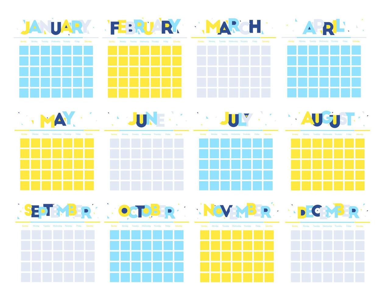 A colorful illustration of calendars for designed as an annual planner showcasing days, vector