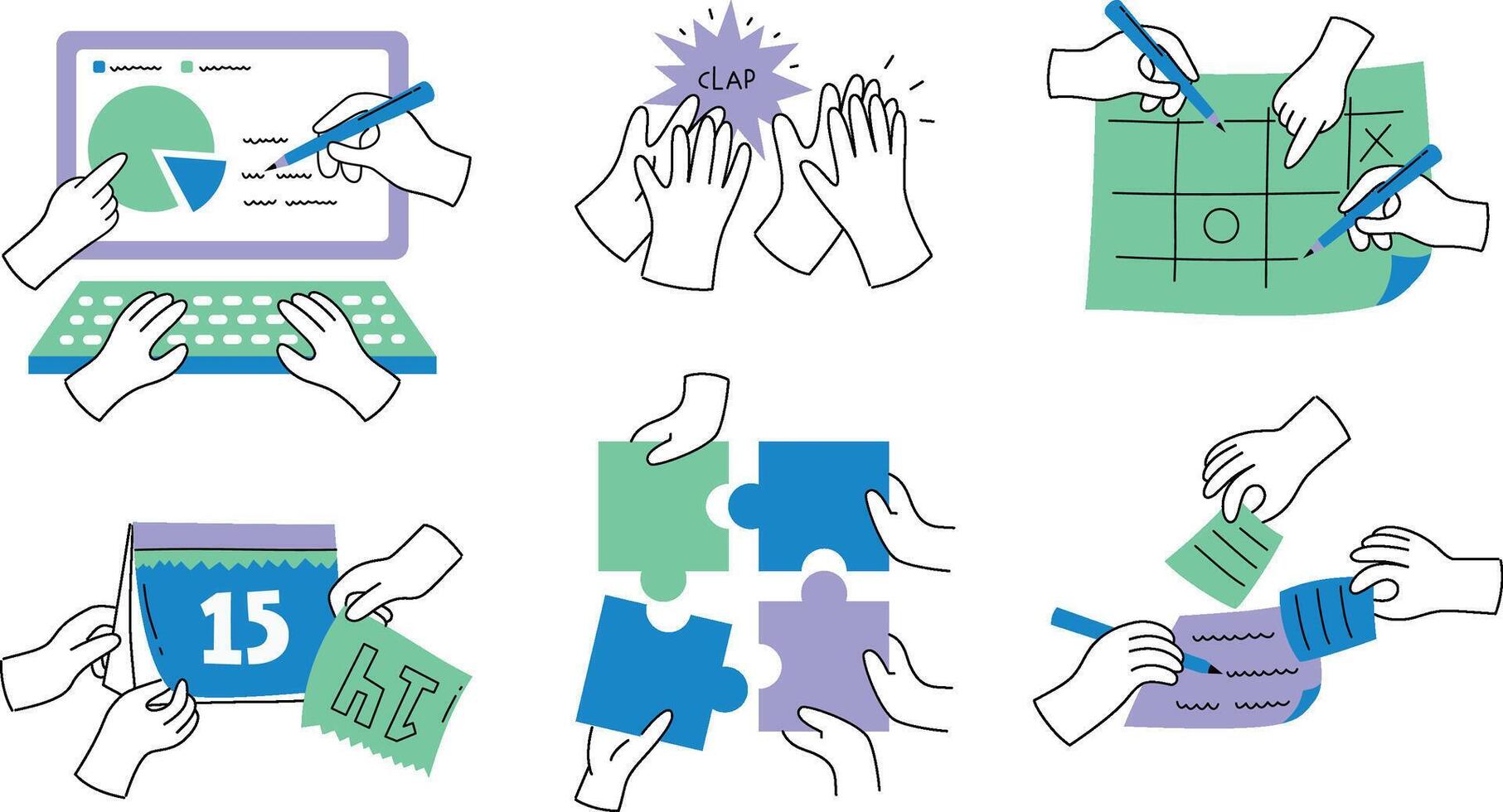 Illustrative set of hand gestures in teamwork, showcasing collaboration, planning, organizing, and productivity in a professional environment. vector