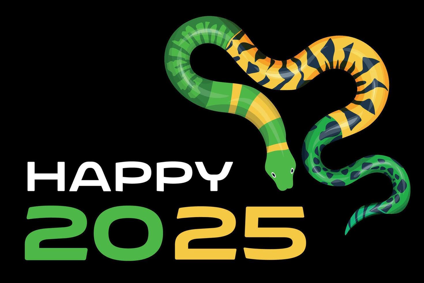 green and yellow snake new year. Happy holidays. Chinese zodiac snake in flat modern style. Art design celebrate party banner template. Decorate numbers colorful. vector