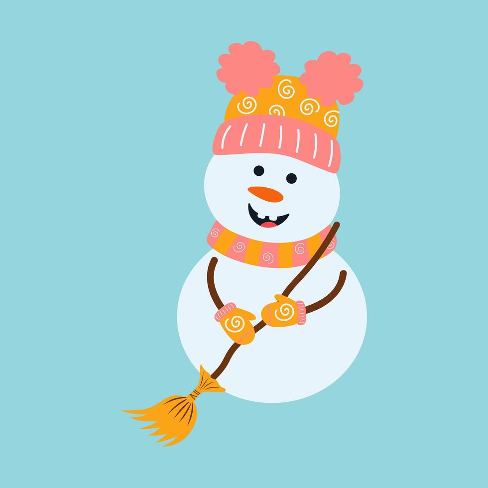 Cute snowman in hat, scarf and mittens holding broom. Christmas funny winter character. flat hand drawn illustration. vector