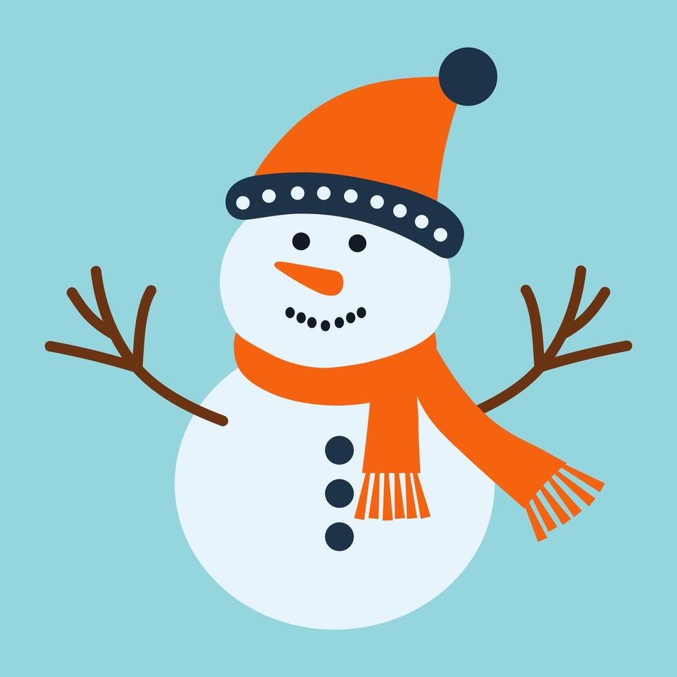 Cute snowman in warm hat and scarf. Christmas funny winter character. flat hand drawn illustration. vector