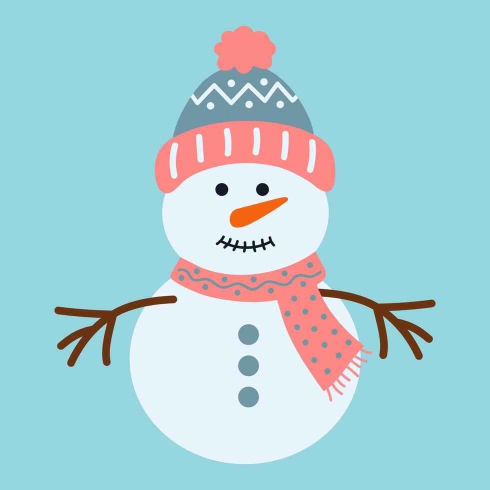 Cute snowman in warm hat and scarf. Christmas funny winter character. flat hand drawn illustration. vector