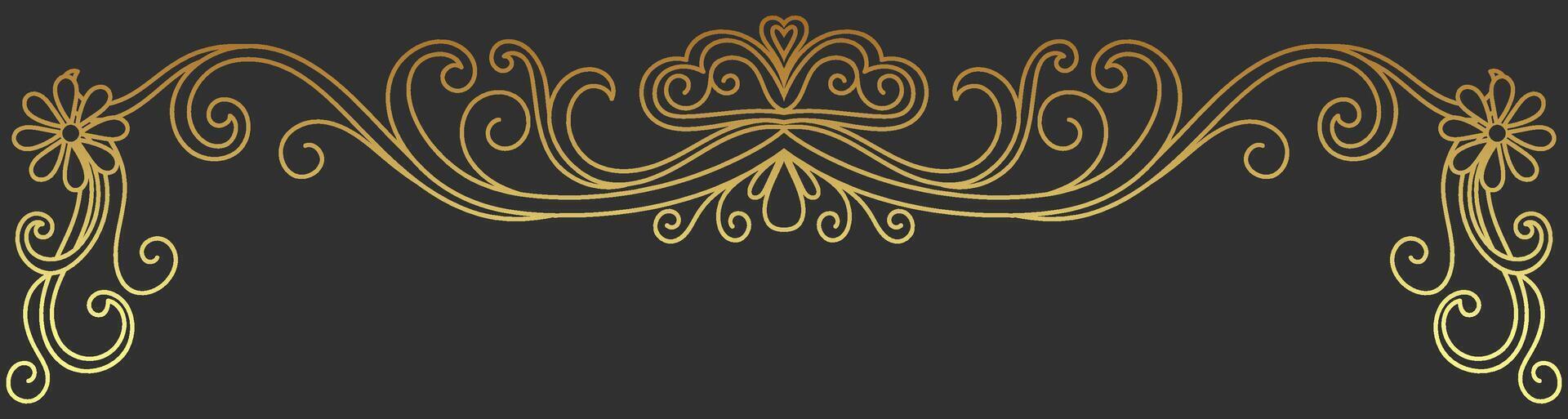 Vintage golden elements, floral border design, wedding banner, frame, label, black lines on white. vector