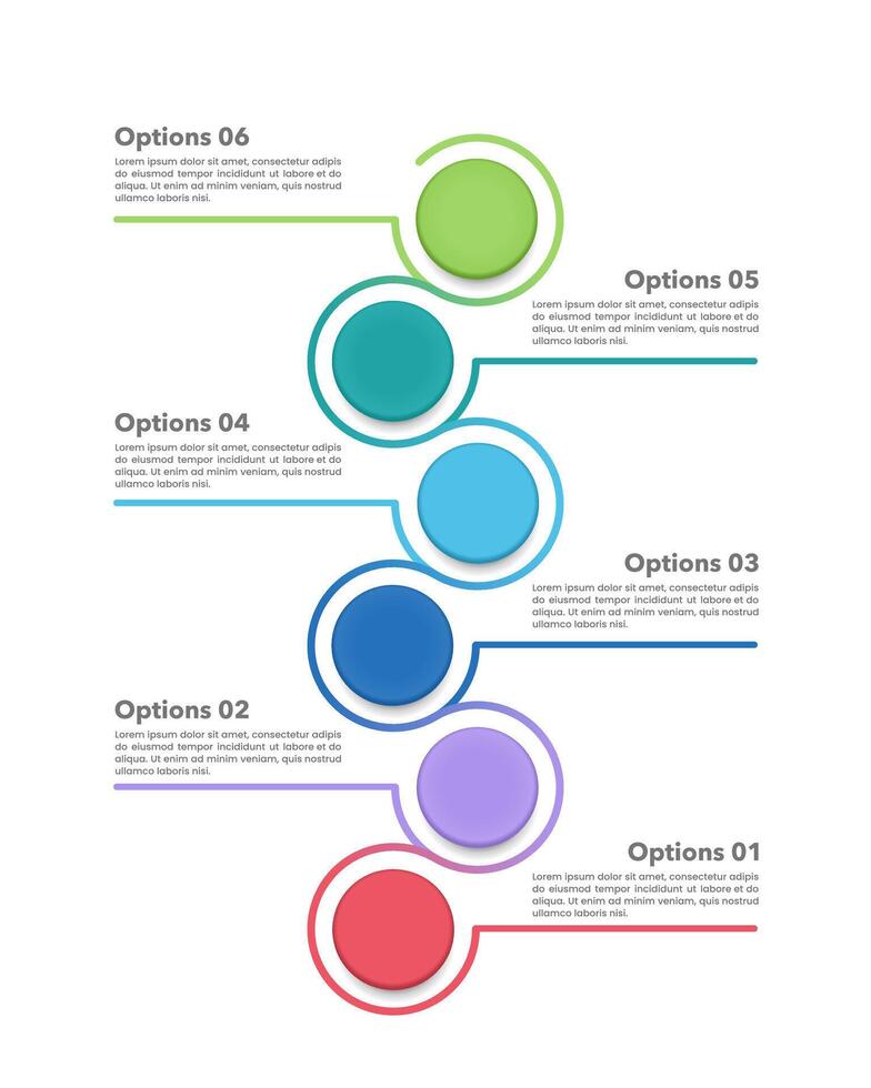 Vertical Infographics colorful circle and line 6 options or steps. Business presentation, Workflow, Plan, and Strategy. vector