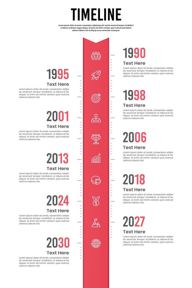 10 important company timeline events. Company history, Verticale Infographic, Milestone, Poster, Brochure, Roadmap and Business Presentation. vector