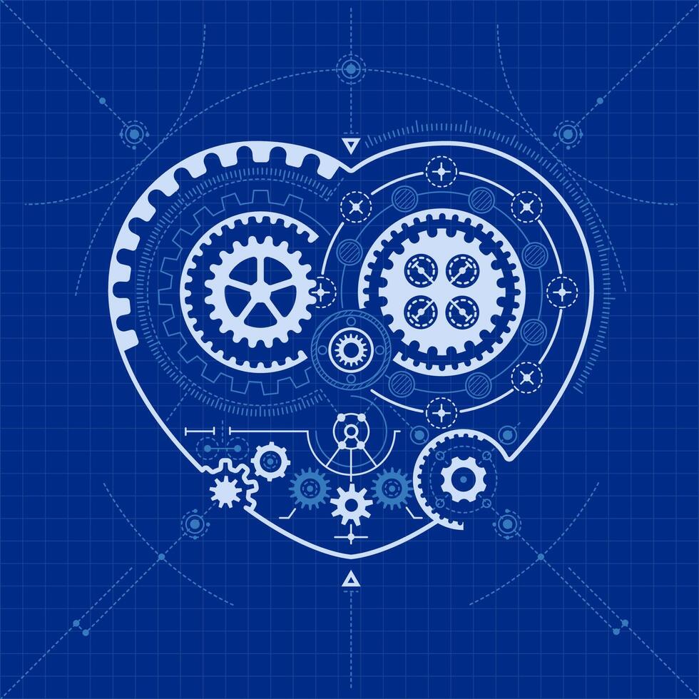 concept of artificial intelligence advancement, graphic of heart shape combined with cogwheel element and blueprint vector