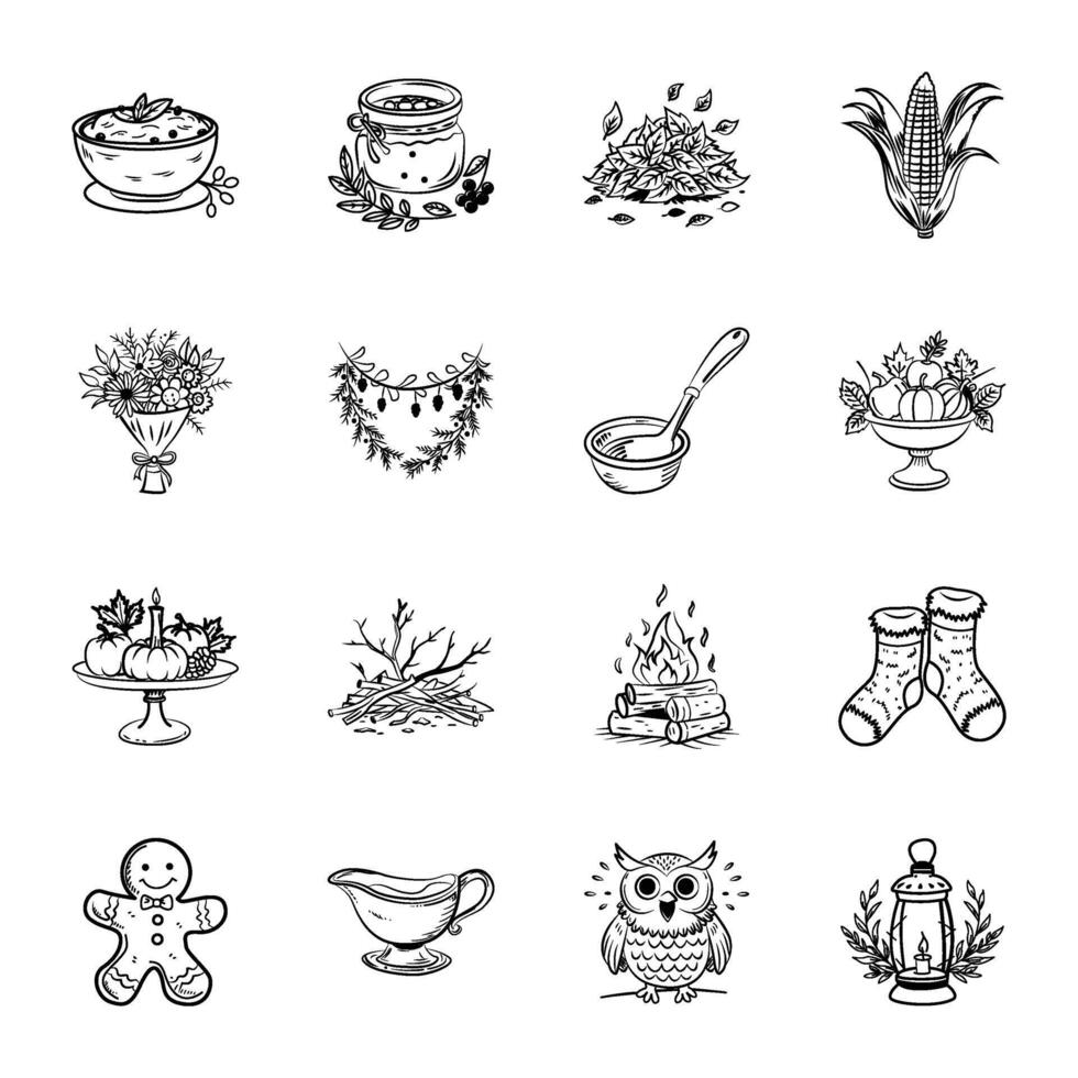 Set of Doodle Style Thanksgiving Celebration Icons vector