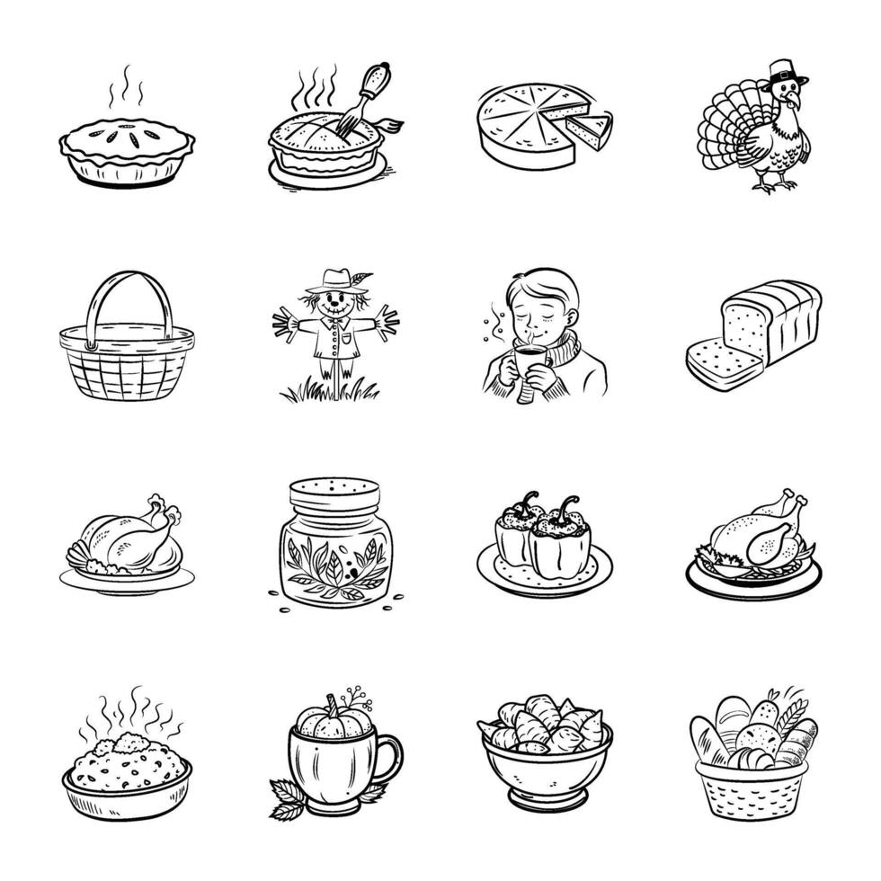 Collection of Doodle Style Festive Food Icons vector