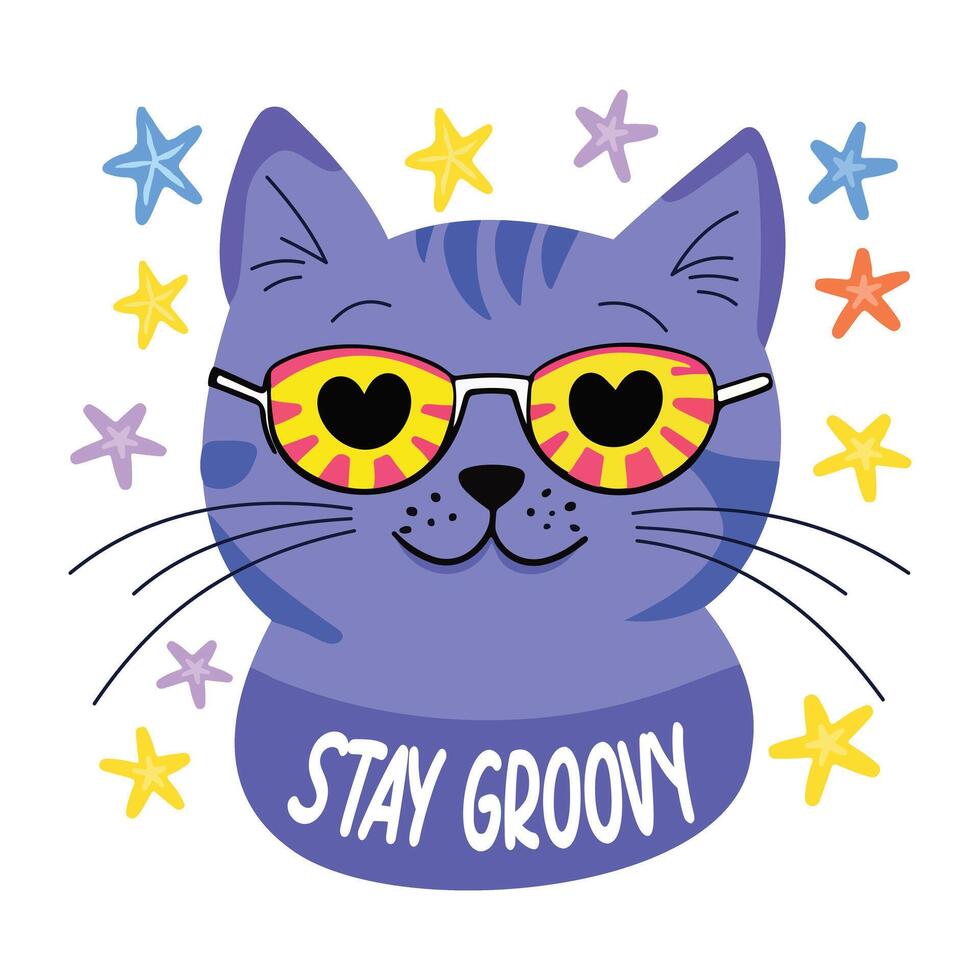 A flat sticker of a cool cat wearing heart-shaped sunglasses with the text stay groovy vector
