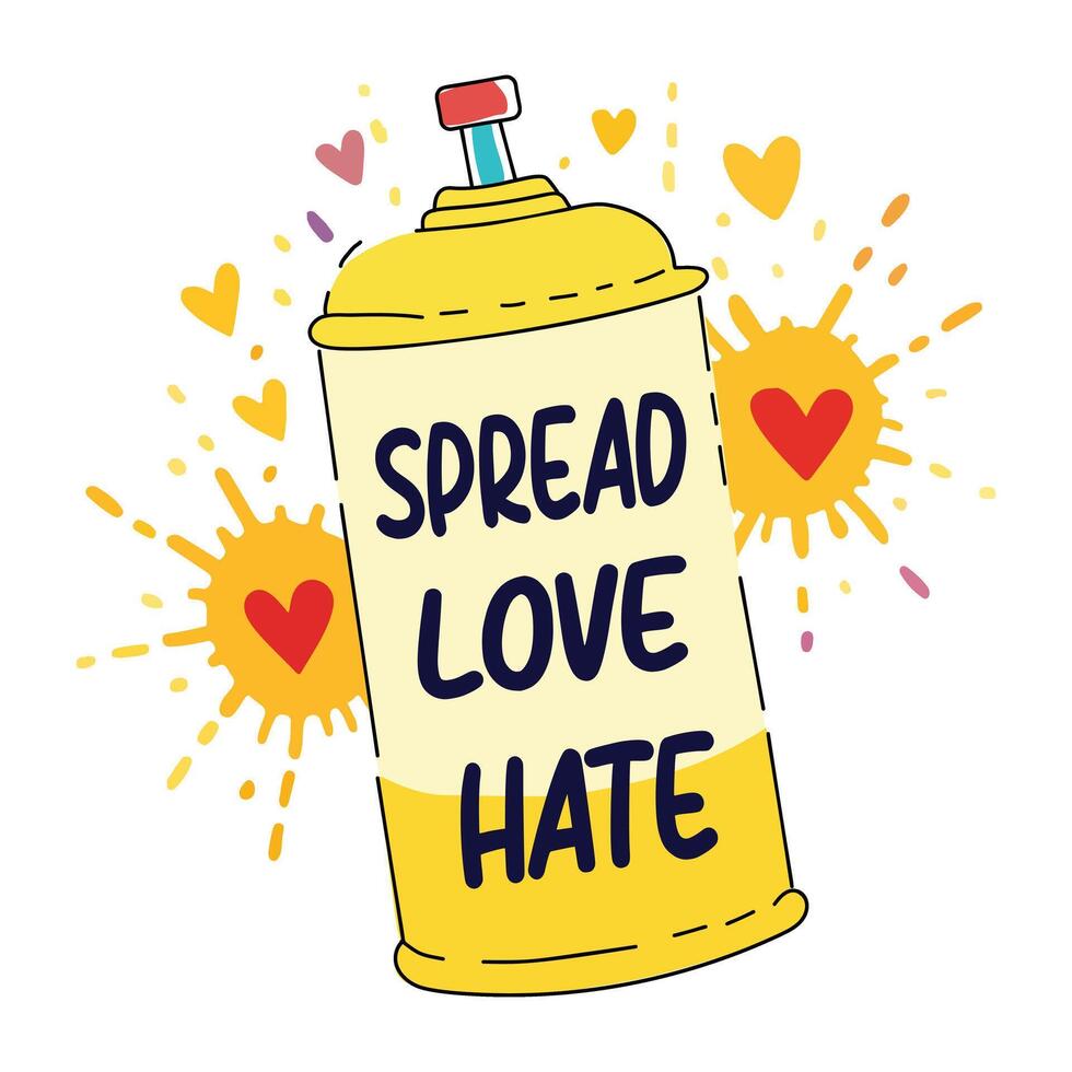 A flat sticker of a spray can with text spread love, not hate vector