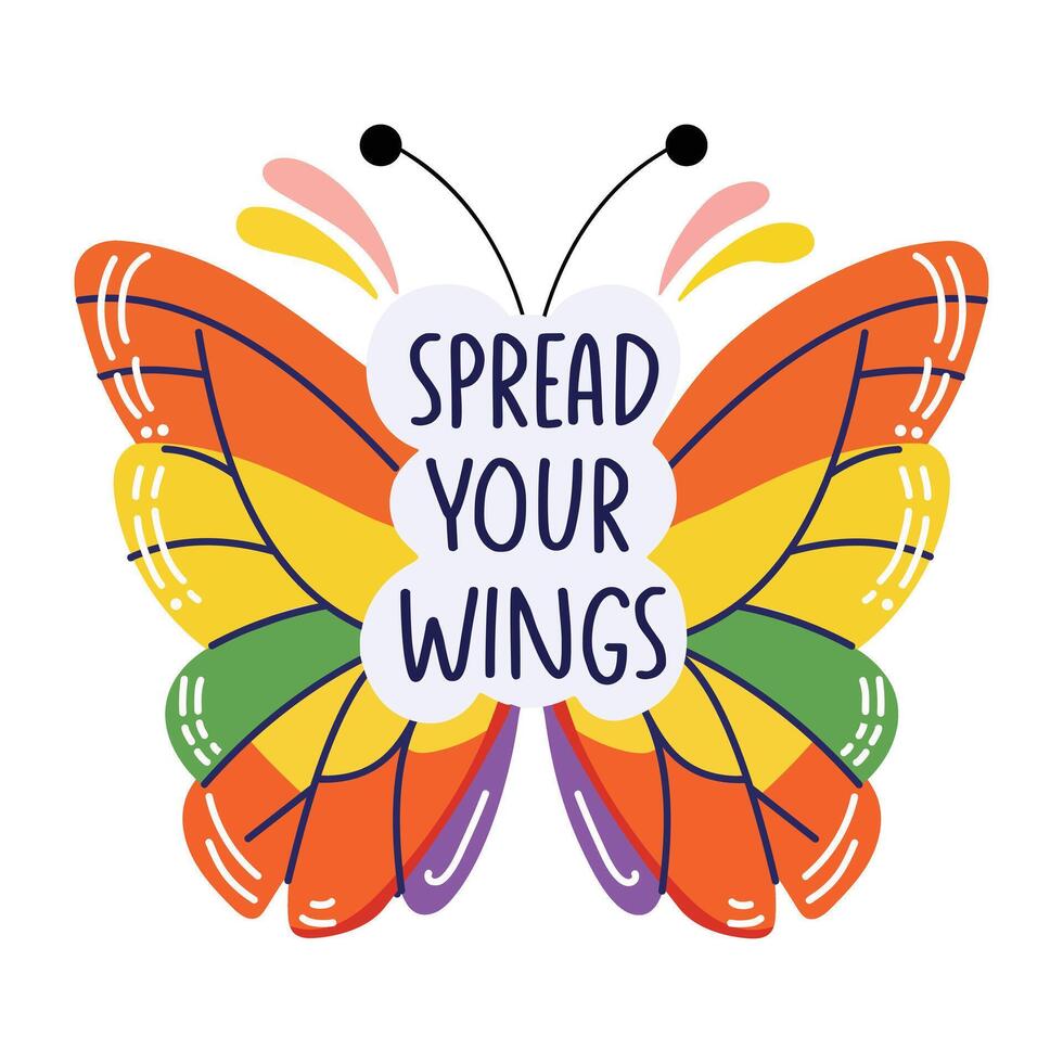 flat sticker of colourful butterfly with text vector
