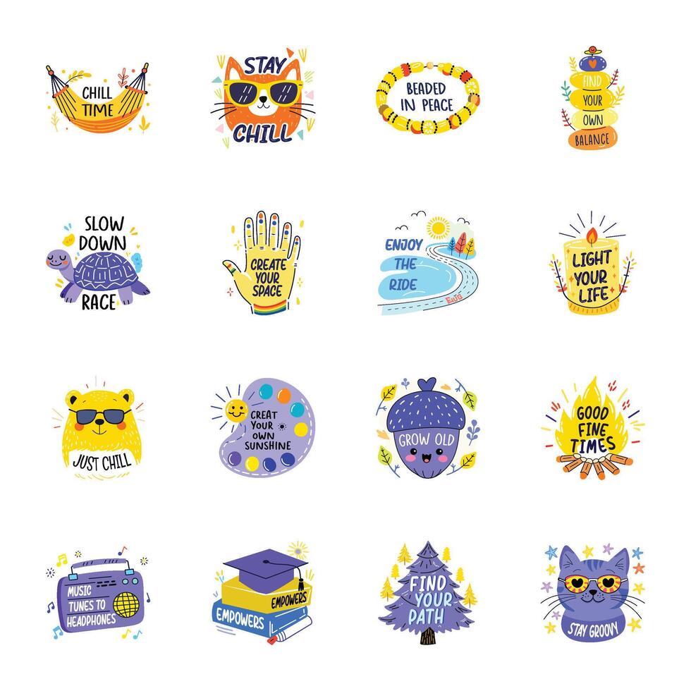 Set of 16 Hippie Flat Stickers vector